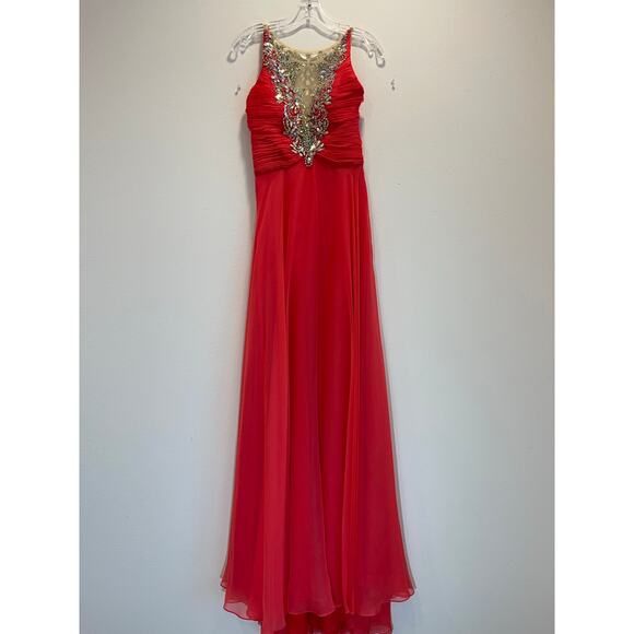 Rachel Allan Crystal Embellished Ruched Maxi Evening Gown Dress Size 2 Coral - Picture 3 of 6